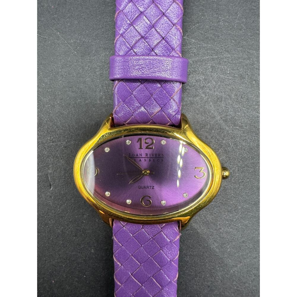 Joan Rivers Womens Watch 39mm Oval Purple Dial Gold Tone Woven Leather Band